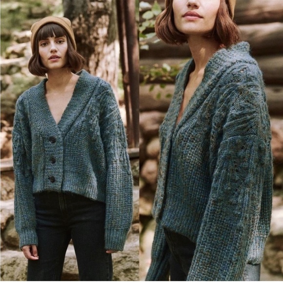 THE GREAT. Sweaters - The GREAT. The Frond Montana Cardigan Green Pine Needle Shimmer oversized Sz S